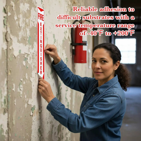 Person installing a 10 Pack Fire Extinguisher Sign With Vertical Red And White Down Arrow, 4 By 18 Inches, Permanent Self Adhesive Vinyl on a wall.