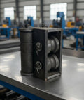 Feed Inlet Assembly For Steel Bar Straightening Machine Heavy Duty Beefy Metal Component With Legs And Guide Eyelet Black Industrial Repair Part For High Volume Material Feeding And Alignment, black steel roller unit