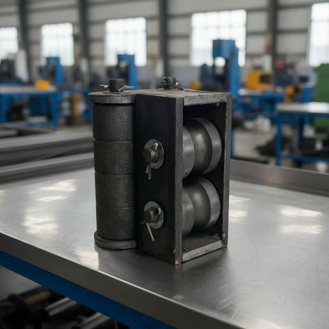 Feed Inlet Assembly For Steel Bar Straightening Machine Heavy Duty Beefy Metal Component With Legs And Guide Eyelet Black Industrial Repair Part For High Volume Material Feeding And Alignment, black steel roller unit