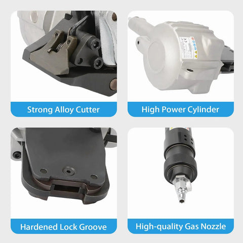 Heavy Duty Pneumatic Steel Strapping Machine For 1.25 Inch Metal Belt with strong alloy cutter and high power cylinder features.