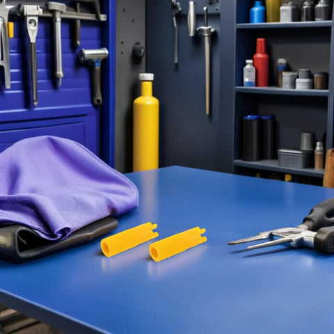 Five Piece Grease Fitting Tool Set With Ergonomic Handle And Plastic Zerk Cleaner on blue workbench in workshop