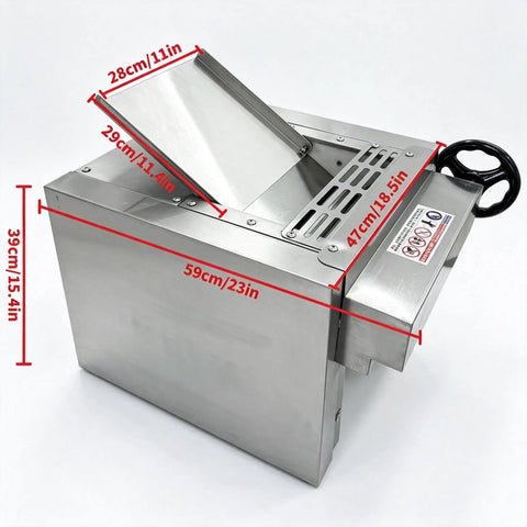 Heavy Duty Commercial Electric Dough Roller And Sheet Machine Features 2200W Motor For Uniform Pizza Base Baking Sprocket Drive Pressing System with stainless steel design and measurements.