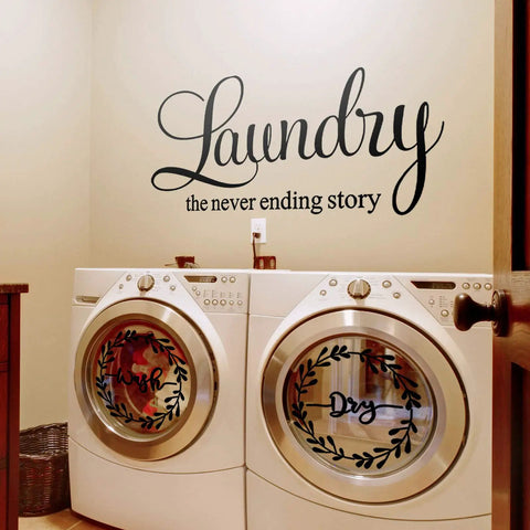 Laundry Room Wall Decal Set Of 3 Vinyl Stickers Wash Dry Laundry Never Ending Story Quote Art For Home And Apartment Black Print Easy Peel And Stick For Home Decor