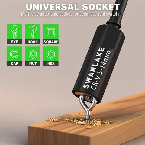 Universal socket from 74 Piece Magnetic Nut Driver Set for impact drill used in wooden surface, showing adaptability.
