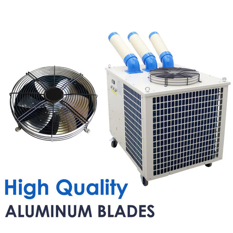 Built Like A Tank Heavy Duty Portable Industrial Air Conditioner 28900 Btu 3150 Watt Commercial Spot Cooler with fan and ducts.