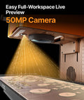 Front view of xTool F2 dual-laser engraver with built-in 50MP camera on a metallic gold desktop unit