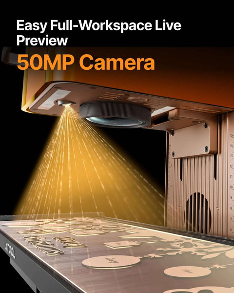 Front view of xTool F2 dual-laser engraver with built-in 50MP camera on a metallic gold desktop unit