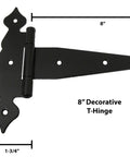 Set Of 12 Heavy Duty 8 Inch T Hinges For Shed Doors And Barn Gates Black Powder Coated Steel With Mounting Screws, 8 inch decorative hinge shown.