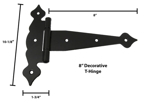 Set Of 12 Heavy Duty 8 Inch T Hinges For Shed Doors And Barn Gates Black Powder Coated Steel With Mounting Screws, 8 inch decorative hinge shown.