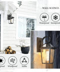 Outdoor Wall Light Fixtures Decked Out Set of 2 Waterproof Exterior Lanterns with Glass Shades Matte Black Sconce for Front Porch Garage Door Patio House Exterior Lighting, mounted near door in snowfall, glowing in rain, showing durability icons.