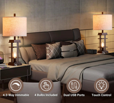 Farmhouse Table Lamps Set With USB Ports And Touch Dimmers, 26 Inch Tall bedside lamps on nightstands in modern bedroom