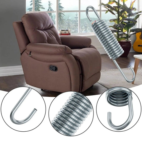 Straight Up Heavy Duty Replacement Recliner Chair Tension Springs With Long Neck Hook Style And Forty Five Degree Bend, Hella Durable Galvanized Steel Wire For Quick Furniture Mechanism Repair, Pack Of Two displayed next to a recliner.