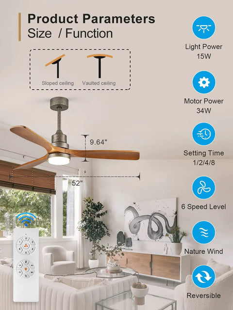 Interior view displaying 52 Inch Ceiling Fan With Light And Remote Control, 3 Blade Outdoor Wood Farmhouse Style Fan for patios and living rooms.