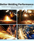 Four images of welding demonstrating improved performance with sparks flying in various workshop settings.
