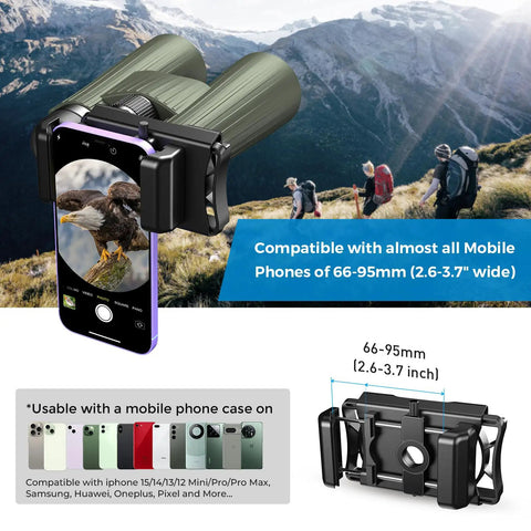 360 Degree Telescope Phone Adapter for Android and iPhone showing compatibility with wide range of smartphone sizes
