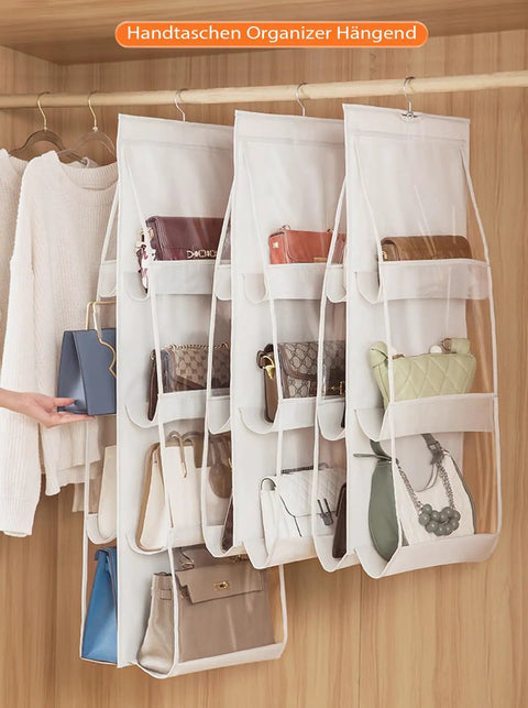 2 Pack Hanging Handbag Organizer for Closet with 8 Pockets Space Saving Purse Storage for Medium Purses and Bags Durable Polyester PVC Washable Wardrobe Organizer Easy to Install Light Gray, shown in a closet with purses.