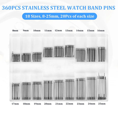 Amazon 360Pcs stainless steel watch band pins set, 1.5mm diameter, sizes 8-25mm, for watch repair