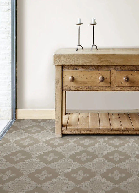Cream Sullivan Peel And Stick Floor Tiles in white and taupe for farmhouse style, 12 x 12 inch vinyl tiles, DIY install under wooden table.