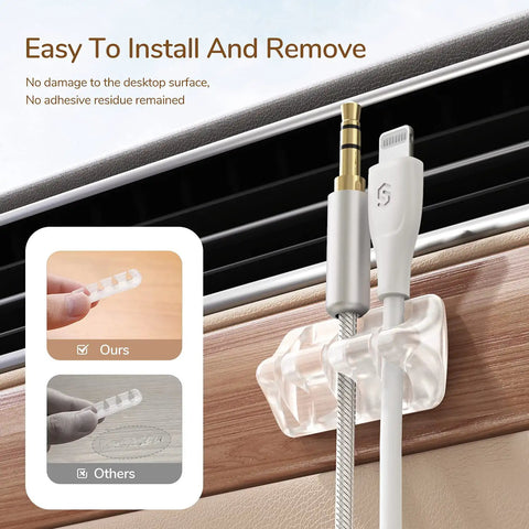 Clear Cable Clips Set With 15 Slots, Five Pack Self Adhesive Cord Management Organizers holding cables on a car surface