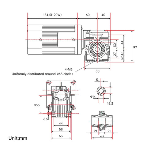 Front and side technical drawing of CNCTOPBAOS 120W worm gear motor RV30 reducer with 14mm output shaft.