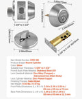 Round Single Cylinder Deadbolt Lock With 3 Keys Keyed On One Side Fits Standard Doors From One And Three Eighths Inches To One And Three Fourths Inches Solid Metal Build Satin Nickel Finish front and side view with dimensions