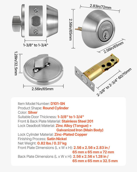 Round Single Cylinder Deadbolt Lock With 3 Keys Keyed On One Side Fits Standard Doors From One And Three Eighths Inches To One And Three Fourths Inches Solid Metal Build Satin Nickel Finish front and side view with dimensions