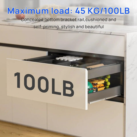 Bottom Mount Soft Close Drawer Slides Full Extension Concealed Rails For Frameless Cabinets, 100 Lb Load, open kitchen drawer