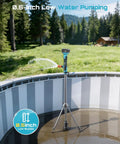 Cordless Stick Water Transfer Pump With Tripod Stand Hands Free for pool draining, in use outdoors on tripod stand.