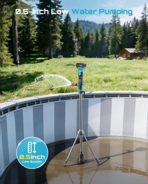 Cordless Stick Water Transfer Pump With Tripod Stand Hands Free for pool draining, in use outdoors on tripod stand.
