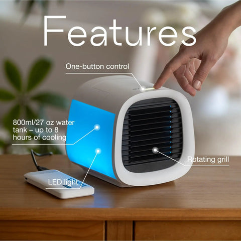 EvaCHILL Portable Air Conditioner Compact Personal Evaporative Cooler with LED light and one-button control on desk