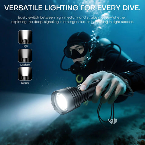 Scuba diver using Rechargeable Underwater Dive Light 2000 Lumens IP68 Flashlight with 3 modes in underwater exploration