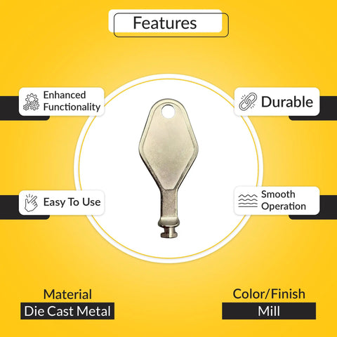 Heavy Duty Die Cast Metal Release Key That Works Like A Champ For Detachable Window Restrictor Stays And Replacement Hardware Tools With Smooth Mill Finish Look, featured on yellow background.