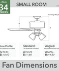 Diagram of 34 Inch Indoor Ceiling Fan With LED Light And Pull Chain showing dimensions for small room installation.