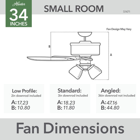 Diagram of 34 Inch Indoor Ceiling Fan With LED Light And Pull Chain showing dimensions for small room installation.