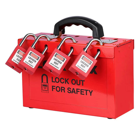 Portable Lockout Tagout Box For Group Lockout, 12 Padlocks Capacity, Heavy Duty 18 Gauge Steel Construction, Red Lockout Container