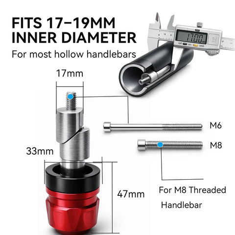 Classic Premium Heavy Duty Motorcycle Handlebar End Weight Sliders In Sleek Black with dimensions for 17-19mm inner diameter fit.