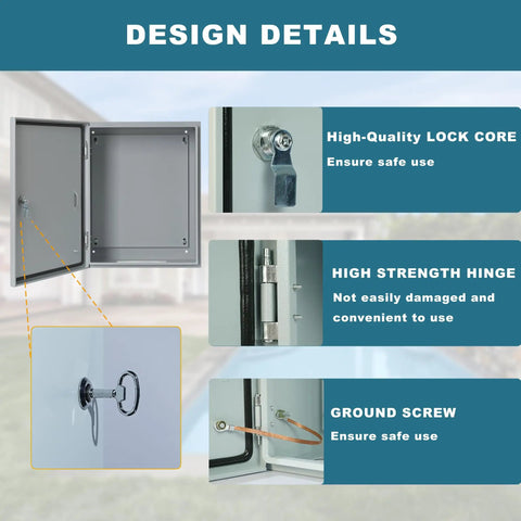 Heavy Duty Waterproof Electrical Enclosure 20X16X8 Inches Outdoor Weatherproof Junction Box with lock core and hinge details.
