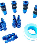 Top Shelf Aluminum Air Hose Fittings Kit Featuring Quick Connect Coupler And Industrial Air Plug One Hand Operation Rock Solid Six Ball Lock Design 1/4 Inch Blue Compressor Gear with multiple blue aluminum connectors.