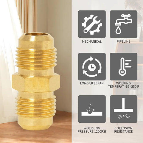 Front view: ChillWaves brass flare fittings, 1/4 inch male flare x 1/4 inch male flare union gas adapter, 6-pack