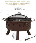 Bronze 30 Inch Outdoor Wood Burning Fire Pit With Grill Grate, Spark Screen, And Poker, shown with dimensions.