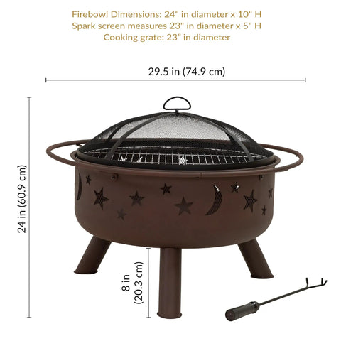 Bronze 30 Inch Outdoor Wood Burning Fire Pit With Grill Grate, Spark Screen, And Poker, shown with dimensions.