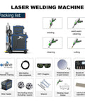 3000W Laser Welder Beast Mode 4 In One System For Metal showing components like wire feeder, goggles, and various nozzles.