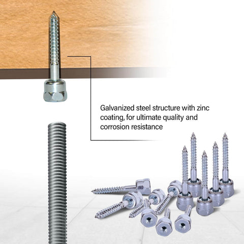 Wood Anchor Vertical Threaded Rod Screw Length One Quarter Inch By Three Inch Steel With Zinc Finish No Pre Drilling Required Easy Install For Wood Projects GST Three Eighths Inch System DIY Friendly Durable Fastening Pack Of Fifty, showing product detail with screws and threaded rods against a wood surface.