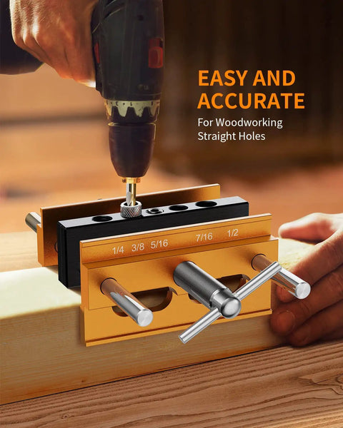 Self Centering Doweling Jig For Pro Grade Woodworking, Gold Wide Capacity Drill Jig with holes for precise straight joints