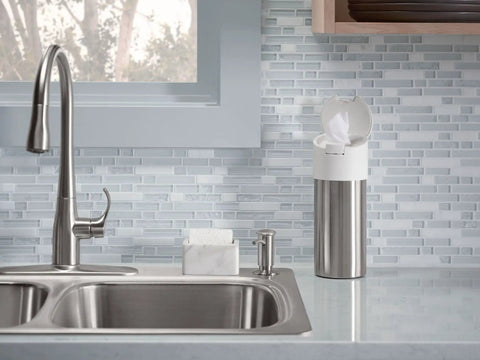 Contemporary Kitchen Sink Soap Dispenser 16 Oz For Liquid Soap Dishwashing Liquid Or Hand Lotion Polished Chrome Easy Top Fill Refillable No Mess Install Sleek Modern Finish Keeps Countertop Tidy shown next to sink on modern kitchen countertop.