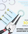 Internal Snap Ring Set 304 Stainless Steel, 200-Piece Assortment in 15 Common Metric Sizes with installation tool.