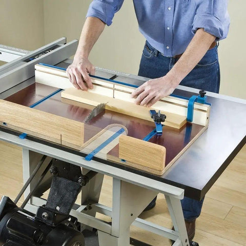 Person using 24 Inch Aluminum Miter Bar For Smooth Sliding On Table Saws, Router Tables, And Workbenches, Fits Standard Three Quarter By Three Eighths Inch Miter Slots, Pro Grade Aluminum Track To Keep Jigs Precise And Cuts On Point Built Tough for wood cutting on a table saw.