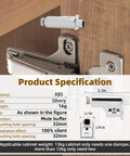Five Piece Kit Of Universal Soft Close Cabinet Door Dampers Provides Smooth Gliding Motion For Framed And Frameless Kitchen Cupboards With Concealed Hinges Delivers Easy Peasy Mounting Plus Dead Quiet Closing Every Single Time shown with specifications and measurements.