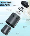 1 Inch Water Tank Valve Parts displayed, components labeled including float, diaphragm, and filter, heavy duty nylon resin design.