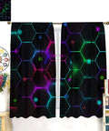 Lit Neon Curtains With 3D Neon Lights Pattern And Honeycomb Design For Kids And Teens Rooms Modern Living Room Window Drapes Rod Pocket No Blackout 42x44.5 Inches Two Panel Set, hanging in a room.